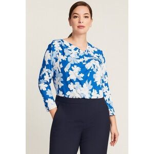 Liz Claiborne Top Blouse Women's Size XL Floral‎ Blue Long Sleeves Career Office